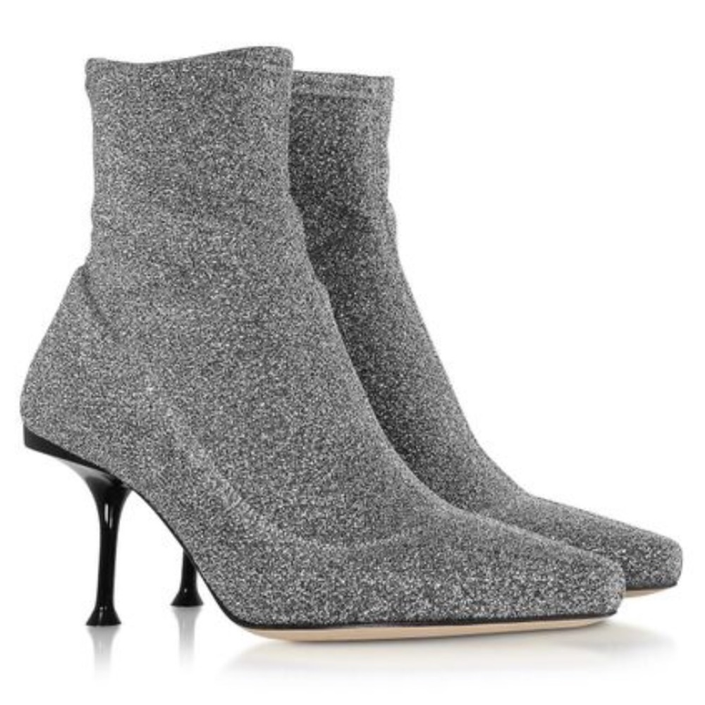 Sergio Rossi Metallic Stretch Lurex Pointed Toe Heeled Boots Silver 37EUR NEW